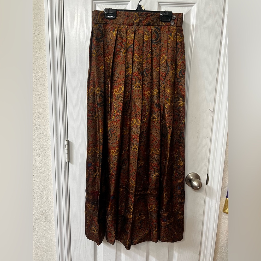 Ralph Lauren Vintage Size 8 100% Silk Pleated Skirt Brown Paisley Pheasants NEW